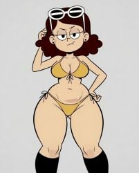 1girl 1girls ai_assisted belly belly_bulge belly_button bikini boobs brown_hair curly_hair curvy curvy_figure female female_only front_view milf neutral_expression sunglasses sunglasses_on_head the_loud_house thicc_qt white_background yellow_bikini