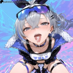1girls after_fellatio after_oral ai_generated blush choker cum cum_in_mouth cum_on_tongue drill_hair female female_focus female_only from_above glasses hair_ribbon honkai:_star_rail krowenx looking_at_viewer open_mouth ponytail silver_eyes silver_hair silver_wolf_(honkai:_star_rail) solo solo_female solo_focus squatting thighs tongue tongue_out