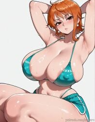 1girls ai_generated aqua_bikini areola_slip armpits arms_behind_head arms_up bikini blush breasts brown_eyes cleavage covered_nipples earrings green_bikini huge_breasts jewelry looking_at_viewer nami_(one_piece) navel one_piece orange_eyes orange_hair sakaro short_hair shorts simple_background sitting solo sweat swimsuit thighs wet white_background