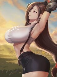 1girls 2026 armpits arms_up big_breasts brown_hair cleavage female female_only fenrox final_fantasy final_fantasy_vii hi_res long_hair red_eyes smile solo stretching suspenders thick_thighs tifa_lockhart