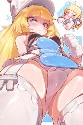 1girl 1other absurdres blonde_hair blue_background blue_eyes blush breasts carrying closed_mouth from_below gloves grey_hat hat highres long_hair multiple_views norma_hollowell orcavice sleeveless small_breasts thick_thighs thighhighs thighs two-tone_background white_background white_gloves white_thighhighs zenless_zone_zero