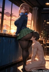 1boy 1girl ai_assisted ai_generated ass bangs black_hair black_legwear blue_eyes blush breasts brown_hair cardigan clothed_female_nude_male curvaceous curvy curvy_female curvy_figure female go-toubun_no_hanayome green_skirt hair_between_eyes headphones headphones_around_neck hetero indoors large_breasts long_hair miku_nakano miyuai nakano_miku nude pantyhose pleated_skirt school_uniform sitting skirt sky smile thick thick_ass thick_butt thick_hips thick_legs thick_thighs thighband_pantyhose thighs voluptuous voluptuous_female wide_hips wide_thighs window