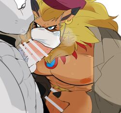 abs anthro blush digimon digimon_(species) duo ear_piercing ear_ring gay genitals hyaku_(artist) iceleomon leomon male male/male male_only mask masturbation muscular muscular_male nipples oral pecs penile penile_masturbation penis piercing pubes sex yaoi