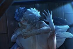anal back bakugou_katsuki bed blanket blonde_hair blush boku_no_hero_academia bones_(company) closed_eyes from_behind green_hair hug izuku_midoriya katsuki_bakugou kiss leg_up messy_hair midoriya_izuku my_hero_academia night ohshidraws on_bed on_floor scar sex shounen_jump spiked_hair