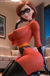 1girl ai_generated boots breasts brown_hair covered_nipples domino_mask gloves helen_parr hi_res high_heel_boots high_heels high_quality high_resolution large_breasts latex lips looking_at_viewer mask patreon patreon_username seductive sexy short_hair smile solo spicytoonai superhero the_incredibles thigh_boots thighhighs uncensored watermark