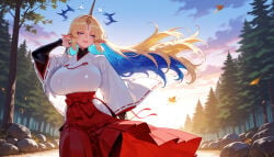1girl 1girls ai_generated balecxi black_bodysuit blonde_hair blue_hair bodysuit bodysuit_under_clothes breasts bug butterfly clothing cloud colored_inner_hair curvaceous curvaceous_female curvaceous_figure curvy curvy_figure detached_sleeves earrings elf falling_leaves female female_focus fleurdelys_(wuthering_waves) floating_hair forest hakama hakama_skirt halo headpiece hip_vent horns huge_breasts japanese_clothes jewelry kimono leaf long_hair long_pointy_ears long_sleeves miko multicolored_hair nature oni outdoors pine_tree pointy_ears red_hakama rock single_horn skirt sky smile solo standing sunset traditional_clothes tree turtleneck two-tone_hair very_long_hair voluptuous voluptuous_female wafuku wide_sleeves wuthering_waves