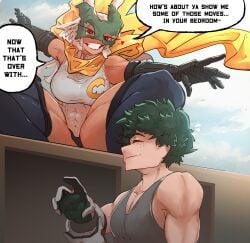 1boy 1boy1girl 1girls breasts bunny_girl crouching crouching_female dark-skinned_female deku english_text green_hair green_mask grin grinning_at_partner imminent_sex izuku_midoriya light-skinned_male mavrix miruko my_hero_academia roof rumi_usagiyama tank_top thick_thighs thighhighs wearing_mask white_hair yellow_cape