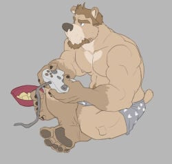 bara bear beard brown_beard brown_hair controller derek_honnington_(saltypoundcake) feet furry grey_background male pawpads simple_background sitting solo spookeedoo tan_body tan_fur underwear