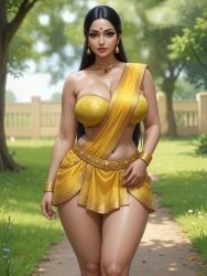 ai_generated alluring bandeau bangle bell_earrings belly_button bindi black_hair brown_eyes caramel-skinned_female cleavage earrings embroidery eyelashes eyeshadow female female_only grok hair_strand hourglass_figure indian indian_clothes indian_female knees large_breasts light-skinned_female lipstick long_hair looking_at_viewer loose_hair narrow_waist necklace outdoor_background outline pelvic_curtain pendant_necklace rgomez007 saree sari seductive_look self_upload semirealistic shiny_skin short_skirt skindentation skirt slight_smile solo_female standing thick_eyelashes thick_lips thick_thighs traditional_clothes very_long_hair warm_lighting wide_hips yellow_clothing
