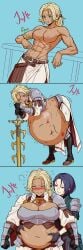 2girls armor bare_breasts belly_expansion biceps big_belly big_breasts blonde_hair blue_eyes blue_hair blushing breast_expansion catherine_(fire_emblem) couple embarrassed fat_belly female female_only fire_emblem fire_emblem:_three_houses fondling_belly fully_clothed grabbing_belly jevmav large_breasts muscles nintendo nipples ponytail sequence shamir_nevrand short_hair signature simple_background stomach_bulge sword tagme tight_clothing unseen_character vore vore_belly weight_gain wounds