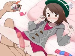 1boy bangs blush brown_eyes brown_hair buttons cardigan censored closed_mouth collared_dress condom condom_on_penis condom_packet_strip condom_wrapper dress erection female gloria_(pokemon) green_headwear grey_cardigan hat head_on_pillow highres holding hooded_cardigan lying mosaic_censoring nintendo on_back penis pink_dress pokémon_(species) pokemon pokemon_ss rotom rotom_phone smile solo_focus spread_legs tam_o'_shanter textless yaomai