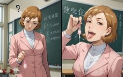 ai_generated blackboard brown_hair classroom collared_shirt cum_in_mouth cum_trail drinking_from_condom earrings gokkun holding_used_condom indoors interrogation jacket long_sleeves looking_down mature_female medium_breasts persona_3 pink_suit seductive_smile shirt short_hair tongue toriumi_isako upper_body used_condom vilerune white_shirt