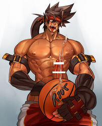 1boy abs ahe_gao alternate_costume ball bar_censor bara bare_chest basketball basketball_uniform brown_hair censored chest commission cowboy_shot cum ejaculation erection fingerless_gloves from_below gloves guilty_gear headgear holding holding_ball long_hair male_focus male_only muscle na_insoo navel nipples penis ponytail rennik shiny shiny_skin simple_background sol_badguy solo spiked_hair sportswear tongue tongue_out yellow_eyes