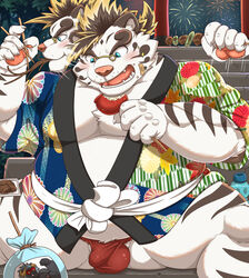 1boy 2020 anthro asian_clothing balls_outline belly blue_eyes blush bulge clothing east_asian_clothing eating eyewear felid festival fireworks food fundoshi fur gapao genital_outline glasses happi_(clothing) hi_res humanoid_hands japanese_clothing kemono licho_(tokyo_afterschool_summoners) male male_only mammal night outside overweight overweight_anthro overweight_male pantherine penis_outline sitting solo tiger tokyo_afterschool_summoners underwear video_games white_body white_fur