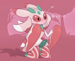 2020 anthro arthropod balls blush blush_lines bodily_fluids english_text erection forest genitals green_balls green_body green_penis hi_res kneeling lurantis male motion_lines mrdegradation nintendo penis pink_background pokémon_(species) pokemon raised_arm red_body red_sclera shadow simple_background solo solo_male striped_body stripes sweat sweatdrop tapering_penis text tree video_games white_body