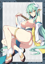 aqua_hair ass bangs blush breasts dragon_girl dragon_horns fan fate/grand_order fate_(series) female folding_fan hair_ornament highres horn horns japanese_clothes kiyohime_(fate/grand_order) large_breasts lips long_hair looking_at_viewer multi_horn nipples older open_clothes pussy sandals smile solo yellow_eyes zeroshiki_kouichi