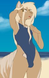 absurd_res anthro beach bulge clothed clothing crossdressing digital_media_(artwork) fur furry futaku genitals girly hair hi_res looking_at_viewer male mammal one-piece_swimsuit outside penis poking_out rodent sciurid seaside sky solo solo_male standing swimwear tree_squirrel water