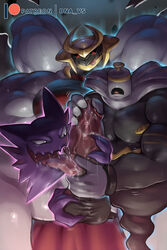 2020 2:3 abs absurd_res anthro anthrofied bara bna_v5 dusknoir front_view genitals ghost giratina group group_sex haunter hi_res legendary_pokémon licking looking_pleasured male male_only muscular muscular_male nintendo oral pecs penile penis penis_lick pokémon_(species) pokemon sex size_difference spirit tongue tongue_out video_games