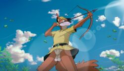 animal_genitalia anthro balls big_tail clothed clothing colrblnd disney domidark genitals hi_res male male_only partially_clothed penis penis_tip robin_hood_(disney) sheath solo weapon