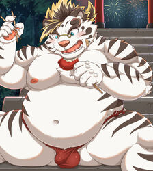 1boy 2020 anthro asian_clothing balls_outline belly blue_eyes blush bulge clothing east_asian_clothing eating eyewear felid festival fireworks food fundoshi fur gapao genital_outline glasses hi_res humanoid_hands japanese_clothing kemono licho_(tokyo_afterschool_summoners) male male_only mammal moobs night nipples outside overweight overweight_anthro overweight_male pantherine penis_outline sitting solo solo_male tiger tokyo_afterschool_summoners underwear video_games white_body white_fur