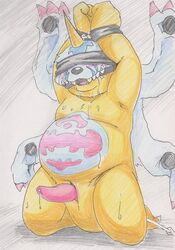 absurd_res anthro belly blindfold blush bodily_fluids bondage bound digimon digimon_(species) erection gabumon gag genital_fluids genitals hi_res male male_only penis precum slightly_chubby slit solo solo_male tabasukotrr traditional_media_(artwork)