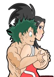 1boy 1girls big_breasts black_hair breast_grab breasts clothed_female clothed_female_nude_male female fondling fondling_breast green_hair hero_outfit_(mha) izuku_midoriya large_breasts male male/female momo_yaoyorozu my_hero_academia nude_male scar scars straight tagme vontesofine69