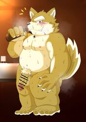 2020 anthro balls belly blush canid canine canis censored domestic_dog fu_ren_chi genitals hi_res kemono live-a-hero male male_only mammal moobs nipples penis procy_(live_a_hero) scar slightly_chubby solo solo_male video_games