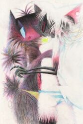 absurd_res animal_genitalia animal_penis anthro arctic_wolf awabug black_body black_fur black_sclera blue_clothing blue_underwear breast_squish breasts breasts_frottage cable canid canine canine_genitalia canine_penis canis clothing colored_pencil_(artwork) duo exposed_endoskeleton female fur genitals green_clothing green_underwear gynomorph hi_res intersex intersex/female lagomorph leporid mammal pattern_clothing pattern_underwear penis penis_on_belly rabbit red_eyes robot_anthro squish striped_clothing striped_underwear stripes torn_flesh traditional_media_(artwork) underwear vein veiny_penis white_body white_fur wolf