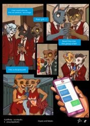 anthro bahati_whiteclaw canid canine canis disney domestic_dog electronics equid equine felid female group hi_res jace_apollo lion looking_down male male/female mammal monitor pantherine prehistoric_species saber-toothed_tiger screen standing texting the_lion_king vitani_(the_lion_king) wolf zebra