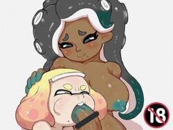 1futa 1girls alternate_breast_size big_breasts blush blushing boobs censored cheek_bulge chocolate_and_vanilla deepthroat fellatio female futa_on_female futa_with_female futanari green_fingers inkling large_breasts marina_(splatoon) nintendo nuranura-san octoling oral pearl_(splatoon) penis simple_background smile smiling splatoon splatoon_2 squid_girl white_background