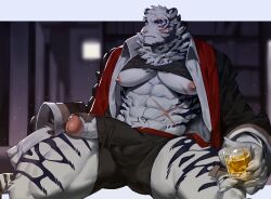 5_fingers abs absurd_res anthro arknights art_uza biped claws felid fingers genitals hi_res humanoid_genitalia humanoid_hands humanoid_penis hypergryph male male_only mammal moobs mountain_(arknights) muscular muscular_anthro muscular_male muscular_thighs pantherine penis solo studio_montagne tiger