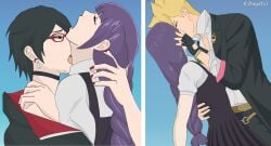 1boy 2girls back_view boruto:_naruto_next_generations boruto:_two_blue_vortex clothed clothed_female clothed_male female female/female hetero kakei_sumire kiss kissing male male/female multiple_girls naruto naruto_(series) onyxycl sarada_uchiha straight uchiha_sarada uzumaki_boruto yuri