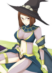 1girls alternate_costume alternate_outfit belly_button big_breasts blush bodystocking female female_only fire_emblem fire_emblem_awakening glasses hourglass_figure large_breasts miriel_(fire_emblem) navel nintendo nipple_bulge red_hair see-through shougayaki_(kabayaki_3) solo_female solo_focus witch_hat