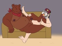 anthro arm_hair balls bear belly big_belly body_hair brown_bear closed_eyes clothing denki404 disney duo erection eyewear fez foot_lick furniture genitals glasses gravity_falls hat hat_only headgear headgear_only headwear headwear_only hi_res human kerchief kerchief_only leg_hair licking male male/male male_only mammal moobs mostly_nude musclegut muscular navel nipples open_mouth overweight overweight_anthro overweight_male sex sitting size_difference sofa stan_pines stanley_pines tongue uncle_rusty_(little_bear) ursine