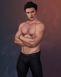 actor arms_crossed bulge celebrity gabo_artist gavin_leatherwood jeans looking_at_viewer male male_only muscles muscular muscular_male netflix real_person sabrina_the_teenage_witch shirtless_male