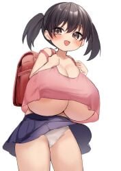 :d areola_slip backpack bag bare_arms black_hair blue_skirt blush borrowed_character breasts brown_eyes cameltoe cleavage clothes_lift cowboy_shot crop_top crop_top_overhang female female_focus gigantic_breasts hair_between_eyes hands_up highres holding large_areolae lifting_own_clothes looking_at_viewer nipples no_bra oggu_(neoguloliko) one_breast_out open_mouth panties pantyshot pink_tank_top randoseru shirt_lift short_twintails simple_background skirt skirt_lift smile solo standing tank_top thighs twintails underboob underwear white_background white_panties wind wind_lift