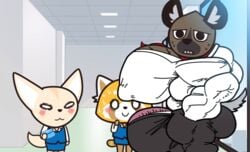 aggressive_retsuko ailurid anthro big_muscles big_nipples big_penis blush bodily_fluids breasts bulge canid canine clothing edit female fennec fenneko fox genitals group haida huge_cock huge_muscles hyaenid hyper hyper_genitalia hyper_muscles hyper_penis looking_back male male_focus mammal muscular nipples office_lady pecs penis red_panda retsuko rompinpomps sanrio smooth_fur sweat