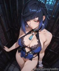 absurd_res ai_generated alternate_version_at_source alternate_version_available bangs black_hair blue_eyes blue_hair cell cleavage cleavage_cutout clothing cute cute_face cutout destroyed_clothing diagonal_bangs female female_focus genshin_impact gradient_background halterneck hi_res highres hoyoverse indoor indoors inside looking_away multicolored_hair night ozziru patreon prison prison_cell prisoner pussy revealing_clothes ripped_clothing seductive seductive_eyes seductive_look self_upload sexy sexy_body sexy_female short_hair solo solo_female solo_focus standing torn_clothes torn_clothing two-tone_hair uncensored yelan_(genshin_impact)
