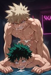 ai_generated comfyui stable_diffusion gay male male/male anal muscular muscular_male sweat oiled shiny_skin ass_focus from_behind ahegao tongue_out drooling cum_drip intense_sex my_hero_academia katsuki_bakugou bakugou_katsuki deku izuku_midoriya