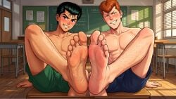 2boys ai_generated bara barefeet barefoot cum feet feet_focus foot_fetish footjob gay handsome handsome_man kuwabara_kazuma male male_feet male_focus male_only male_rape_victim muscular_male nude_male soles teenage_male toes yaoi yusuke_urameshi