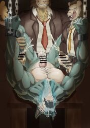 absurd_res accessory anal anal_sex anthro balls beastars black_glans bodily_fluids body_hair bondage bound business_suit canid canine canis censor_bar censored chains clothing cuff_(restraint) cum cum_from_mouth cum_from_nose cum_in_mouth cum_in_nose cum_inside erection evil_grin eyeless felid fellatio forced foreskin from_front_position furniture genital_fluids genitals glans grin group hairy_balls head_back hi_res humanoid_genitalia humanoid_penis leg_grab legoshi_(beastars) legs_up licking licking_lips lion lying male male/male mammal masturbation muscular necktie nude on_back on_table oral oral_penetration pantherine penetration penile penile_masturbation penis precum raised_hand rape restraints retracted_foreskin sex shackled shackles shirushiru_r shishigumi_(beastars) smile spitroast standing suit table tears tongue tongue_out translucent translucent_hand trio wolf