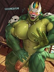 1boy abs ai_art ai_generated ass balls bara bara_tiddies bara_tits biceps big_muscles big_pecs blush bone_necklace bubble_butt clawed_fingers claws covering_crotch embarrassed feathers gay goonerism green_body green_skin hand_on_penis huge_muscles huge_pecs indoors lihzahrd male mostly_nude muscle muscular muscular_male necklace nipples open_mouth panicking patreon pecs penis reaching_towards_viewer scale scales scalie self_upload skull skull_head solo sweatdrop tail terraria thick_thighs two-tone_body watermark witch_doctor_(terraria) wooden_floor yaoi yellow_sclera