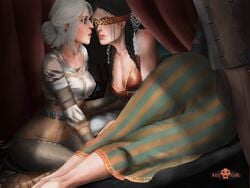 1boy 2girls age_difference arcincub before_sex black_hair blind cd_projekt_red ciri female flirting geralt_of_rivia green_eyes magical_girl male milf philippa_eilhart the_witcher the_witcher_(series) the_witcher_2 the_witcher_3:_wild_hunt touching white_hair