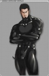 1boy 2005 archived_source bara beard black_hair bodysuit bulge crossed_arms daizemon_kaze dated gantz gay male male_only muscular simple_background solo with_no_title yaoi
