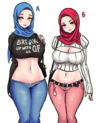 2girls afghan big_breasts blue_jeans blue_pants breasts condom daughter female female_only filled_condom half-dressed headscarf hijab islam jeans looking_at_viewer low_cut_pants lowleg lowrise_jeans midriff midriff_baring_shirt mother mother_and_daughter multiple_girls navel none_(artist) oekaki_fahya pink_pants thick_thighs used_condom wearing_condom