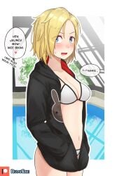 1girls artist_name bare_legs bikini black_hoodie black_trim blonde_hair blue_eyes blush border breasts cleavage collarbone commentary embarrassed english_commentary english_text female genderswap_(mtf) genderswap_unaware hands_in_pockets highres hood hood_down hoodie indoors jaune_arc looking_at_viewer medium_breasts medium_hair messy_hair navel nose_blush open_clothes open_hoodie open_mouth outside_border patreon_logo patreon_username pool red_hoodie rei_no_pool rudy_saki rule_63 rwby solo speech_bubble stomach sweatdrop swimsuit tomboy two-tone_hoodie white_bikini white_border