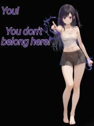 ai_generated background bald_crotch bald_pussy barefoot black_skirt cellphone_photo cellphone_picture challenge incredibles long_hair miniskirt no_bra no_panties purple_eyes purple_hair purple_powers see-through_clothing show_of_power superhero superheroine tank_top thin thin_female thin_girl thin_thighs thin_waist violet_parr white_shirt words