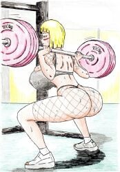 1girls 2d 2d_(artwork) big_breasts blonde_female blonde_hair breasts fishnet_legwear half-dressed half_naked half_naked_female lifting naruto naruto_(series) naruto_shippuden samui solo_female thewritefiction weightlifting weights