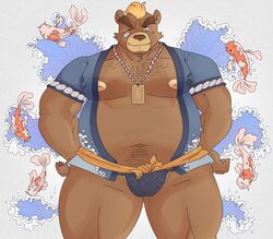 2020 anthro ashigara asian_clothing belly brown_body brown_fur clothing east_asian_clothing fundoshi fur happi_(clothing) japanese_clothing male male_only mammal miilk_sooda moobs nipples one_eye_closed overweight overweight_anthro overweight_male solo tokyo_afterschool_summoners underwear ursid video_games wink