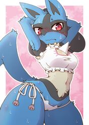 acky05 anthro ass big_breasts blue_fur blush bra breasts canine clothing cute female fluffy fur furry looking_at_viewer lucario mammal nintendo panties pokemon pokemon_(species) red_eyes spikes sweat tail